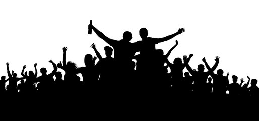 Wall Mural - Crowd of people, friends at a party silhouette. Concert, festival, music. Cheer crowd people. Audience cheering applause. Cheerful sports fan. Mob soccer banner. Man with a bottle of beer, alcohol