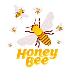 Sticker - Full color illustration bee, hive, apiary, honey jar and dipper logos for honey products, labels, bee farms and apiaries. Flat style vector illustrations isolated on white background.