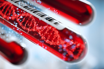 molecule of dna forming inside the test tube in the blood test equipment.3d rendering,conceptual ima