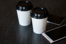 Two Plastic Cups With Coffee Stand On The Table, The Concept Of Coffee With You, Coffeemania