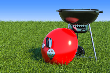 Barbecue grill on the green grass against blue sky, 3d rendering