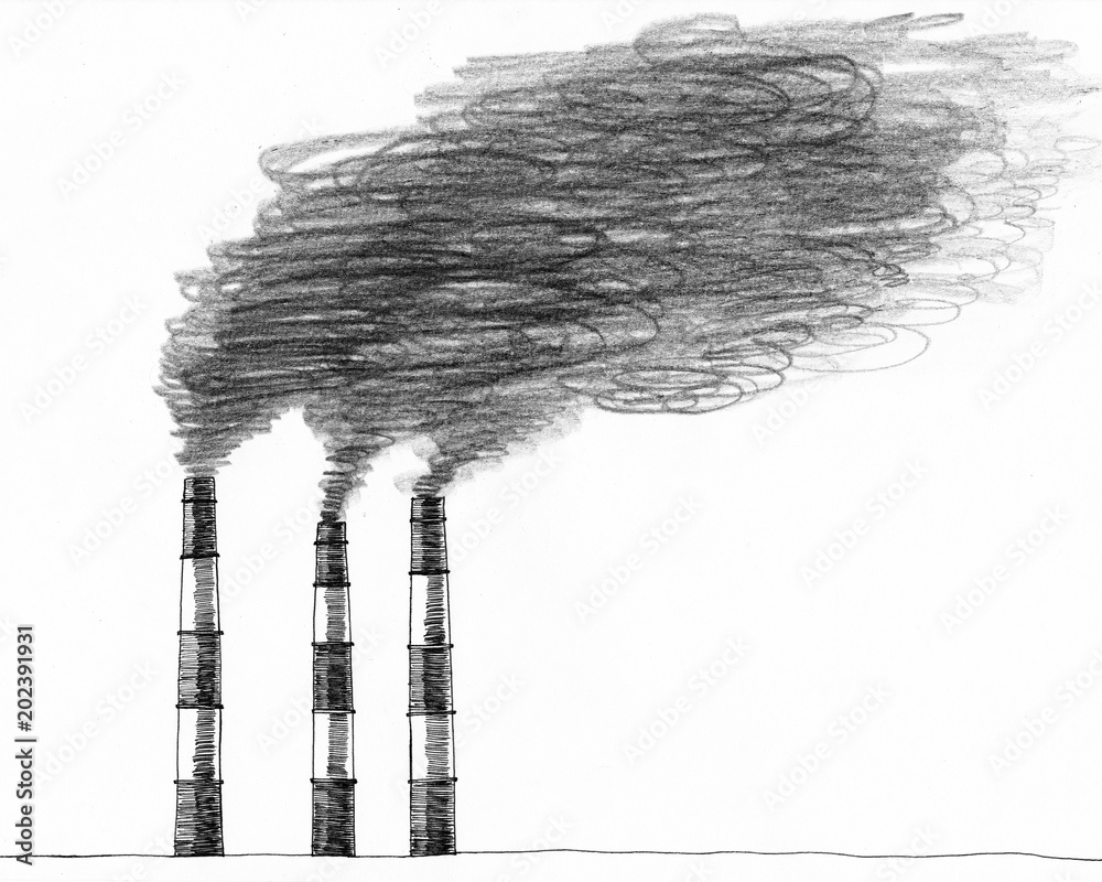 factory pollution pencil drawing