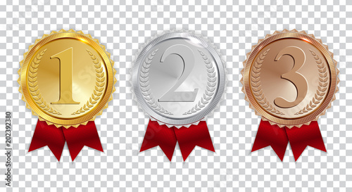Champion Gold Silver And Bronze Medal With Red Ribbon Icon Sign First Secondand Third Place Collection Set Isolated On Transparent Background Vector Illustration Buy This Stock Vector And Explore Similar Vectors