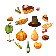Sticker - Thanksgiving Day icons set. Cartoon illustration of 16 Thanksgiving Day vector icons for web
