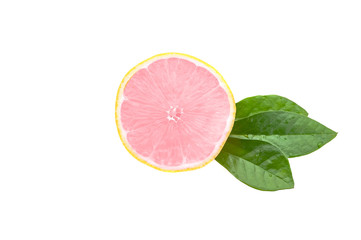 Half of a fresh, clean, glowing pink lemon with green leaves on a white background. isolated.