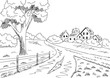 Rural road graphic black white village landscape sketch illustration vector