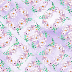 Seamless watercolor floral pattern in mint green and light purple violet colors with roses wreaths