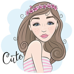 Sticker - Portrait of Cute Cartoon Girl with flowers