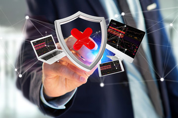 Poster - Hacked shield symbol surrounded by devices and network displayed on a futuristic interface