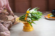 Bride and groom prepared the holy flower to the monks in Thai wedding ceremony.