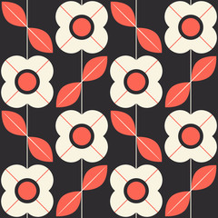 Poster - seamless pattern with flowers and leaves in retro scandinavian style