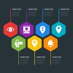 Poster - Flat geometric location, video, photos, time infographic steps template with 7 options for presentations, advertising, annual reports