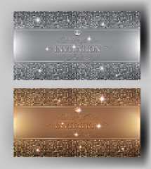 VIP elegant invitation cards with gold and silver design elements. Vector illustration