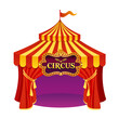 Vector illustration of bright colors circus tent with beautiful emblem isolated on white background.