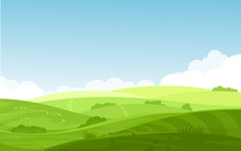 Vector Illustration Of Beautiful Fields Landscape With A Dawn, Green Hills, Bright Color Blue Sky, Background In Flat Cartoon Style.
