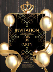 Wall Mural - VIP party elegant banner with  golden design elements and air balloons. Vector illustration