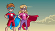 Illustration of superhero children smiling happy while wearing capes against sky background for copy space.