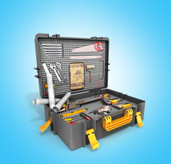 A set of tools in the case 3d render on blue background