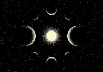 Poster - Space landscape with scenic view on planet and stars made with retro dotwork style