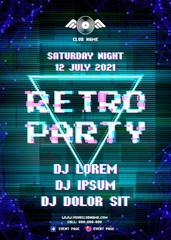 Poster - Glitch party poster with blue background and triangle for Retro Wave rave part club nights