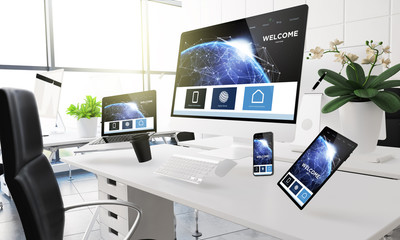 Wall Mural - devices floating on mid air mockup showing landing page