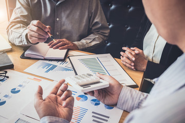 Poster - Teamwork of business colleagues, consultation and conference new strategy plan business and market growth on financial document graph report, professional occupation, Partner meetings and briefing