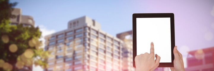 Poster - Composite image of hands touching digital tablet against white