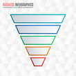 Funnel or cone symbol. Business pyramid with 5 steps, options or levels. Marketing and sales infograph layout. Vector illustration.