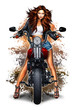 Illustration with a beautiful biker girl. Long red hair, short denim shorts, riveted leather jacket, shiny powerful motorcycle, long legs and high heel shoes.