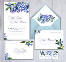 Set Of Templates For Greetings, Invitations To Wedding. Blue Lilac And Twigs With Leaves. Art By Markers: Invitation Card, Letterhead, Numbering For Tables And Other. Watercolor Imitation.
