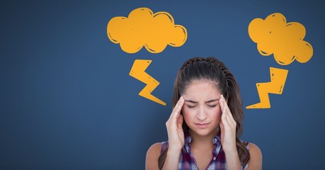 Poster - Stressed headache woman with lightning doodles on blue