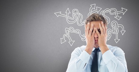 Poster - stressed headache tired man with arrow doodles on grey