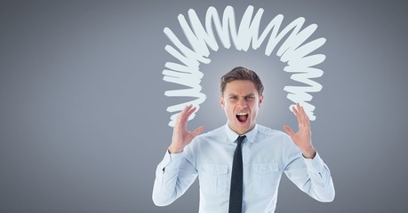 Poster - Businessman shouting angrily with squiggly doodles on grey