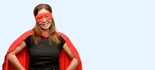 Middle Age Super Hero Woman Wearing Red Mask And Cape Confident And Happy With A Big Natural Smile Laughing Isolated Blue Background