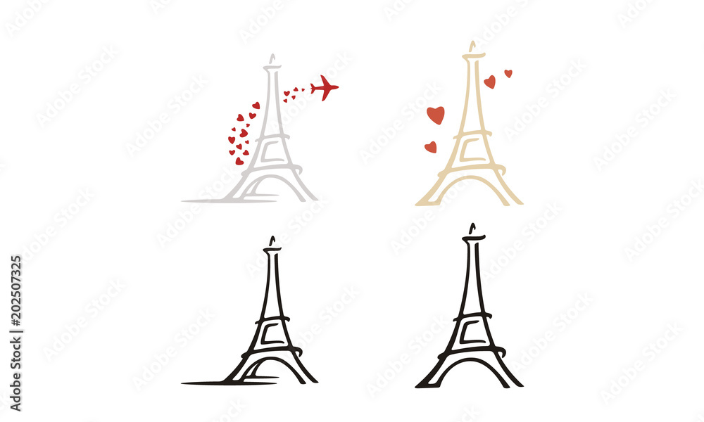 Paris Eiffel Tower with Heart Love Plane Travel Logo design inspiration - obrazy, fototapety, plakaty 