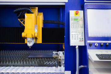Poster - Automatic machine with robotic arm for cutting metal. Smart factory