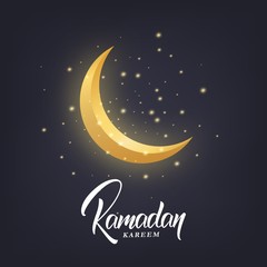 Wall Mural - Ramadan Kareem greeting design with crescent moon, glowing stars and Ramadan script lettering