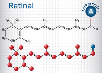 Wall Mural - Retinal (retinaldehyde) is vitamin A. Structural chemical formula and molecule model. Sheet of paper in a cage