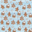 Watercolor hand drawn Christmas seamless pattern with ginger cookies (in shape of house, man, star, snowflake) on icy