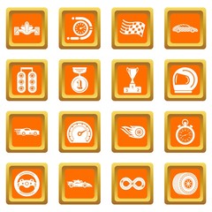 Poster - Car race icons set vector orange square isolated on white background 