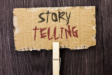 Aufkleber - Word writing text Story Telling. Business concept for Tell or write short Stories Share Personal Experiences written on Cardboard Piece Holding With Clip on the wooden background.