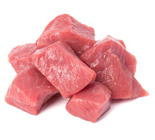 Raw Chopped Beef Meat Pieces Isolated Om White Background Cut Out.