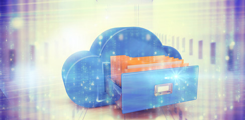 Poster - Digitally generated black and blue matrix against composite image of cloud computing drawer
