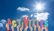 © vectorfusionart - Hands holding up activities against bright blue sky with clouds