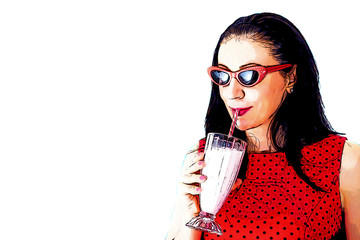 Frozen drink and dessert concept, woman in red polka dot dress drinks a milkshake, pop art retro illustration that looks like a vintage halftone comic book isolated on white with clipping path cutout