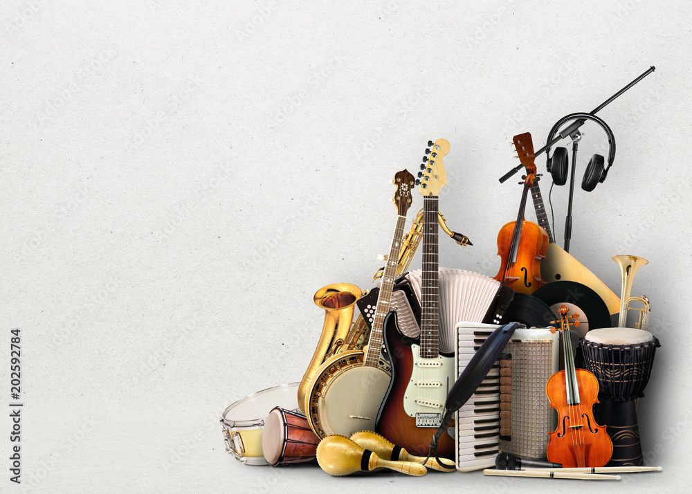 Musical instruments, orchestra or a collage of music - obrazy, fototapety, plakaty 
