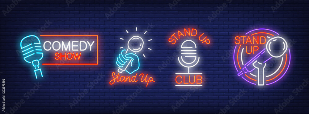 Stand up comedy show neon signs collection. Neon sign, night bright advertisement, colorful signboard, light banner. Vector illustration in neon style. - obrazy, fototapety, plakaty 