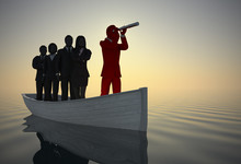 Executive Leader And Team On Boat With A Telescope At Sunrise. A Successful Team Of Executives Led By A Great Leader Looking Through A Telescope On A Boat Navigating Towards Success Since Sunrise.