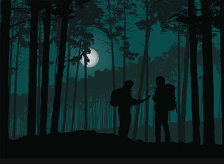 Wall Mural - two tourists, man and woman wandering the night forest with map, under the sky with moon