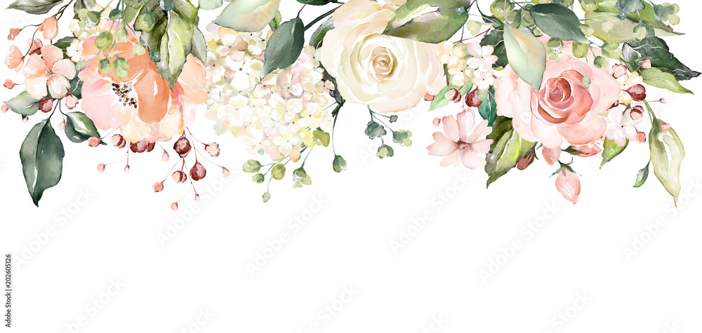 Obraz  arrangements with watercolor flowers. floral illustration. Botanic composition for wedding or greeting card.  branch of flowers - abstraction roses fototapeta, plakat